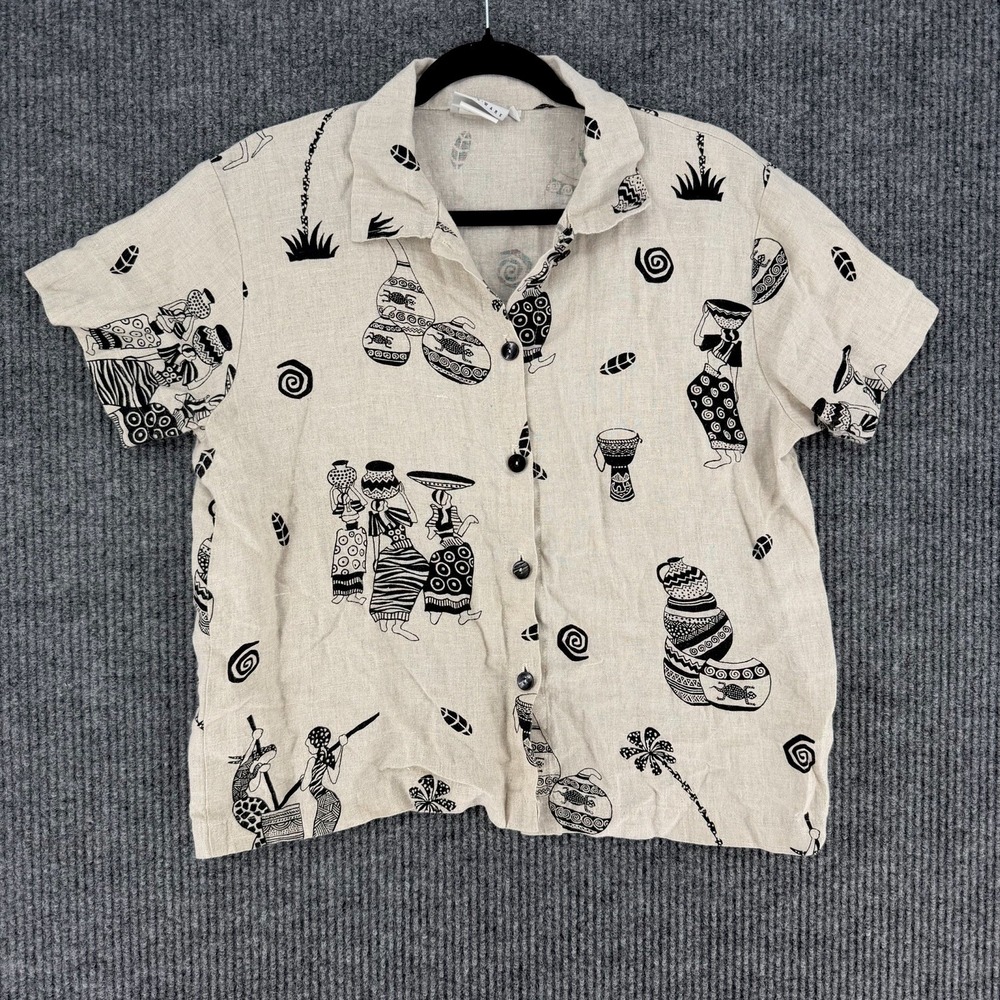 Vintage Hot Cotton by Marc Ware linen tribal art button shirt USA women's Small